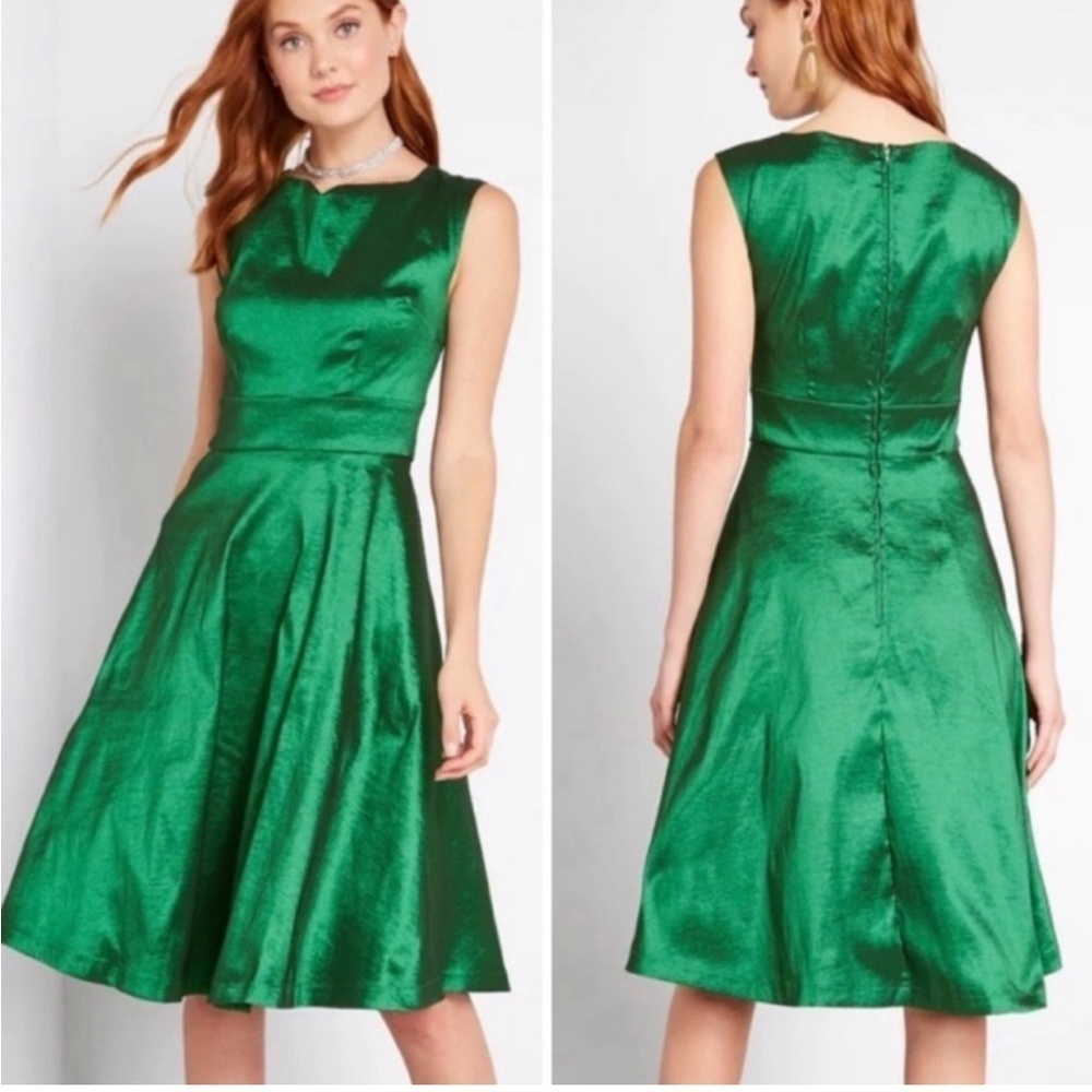 ModCloth Shimmering Emerald Green Sleeveless Fit & Flare Dress